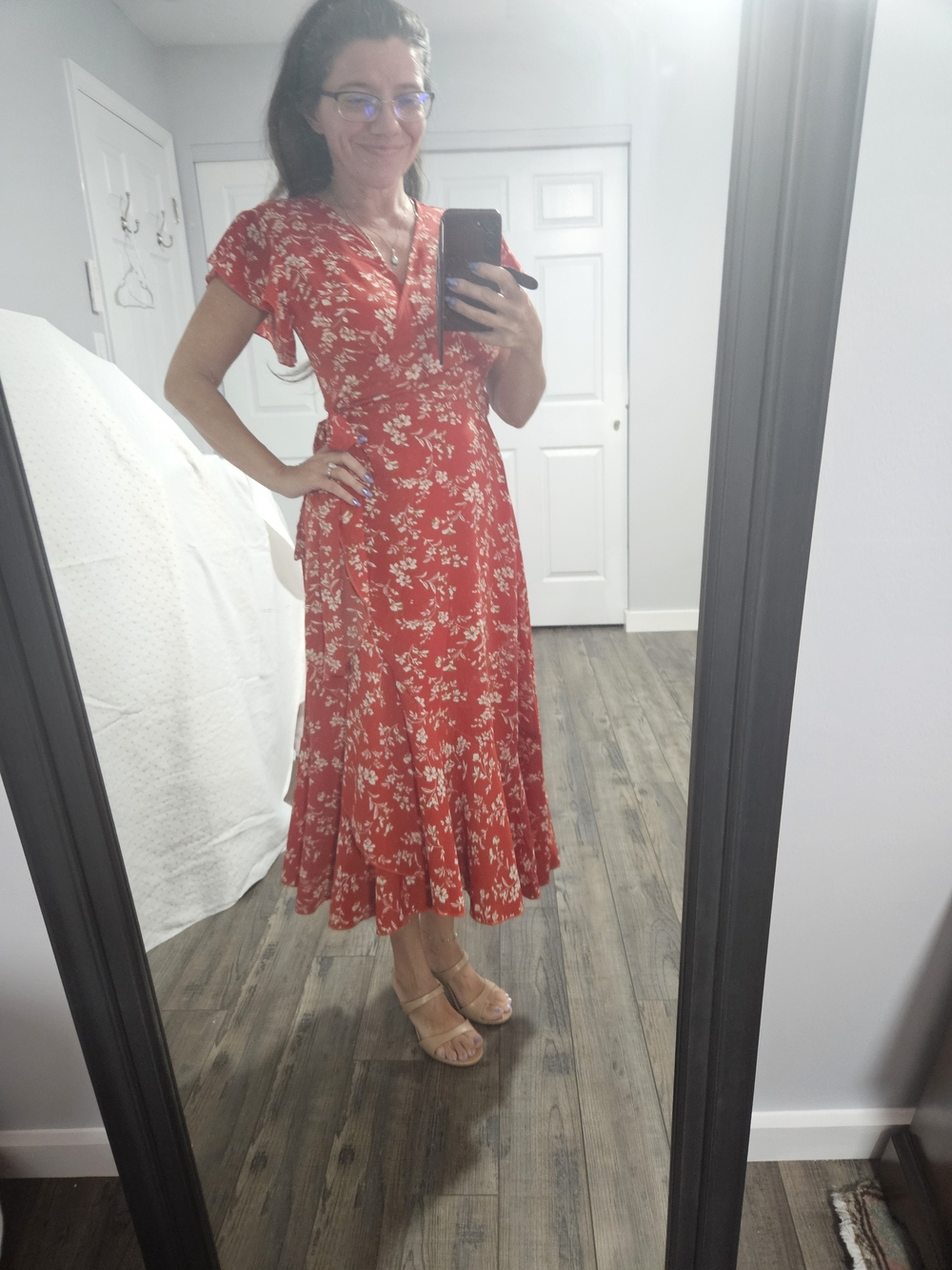 SHEIN Red Floral Wrap-Style Midi Dress
